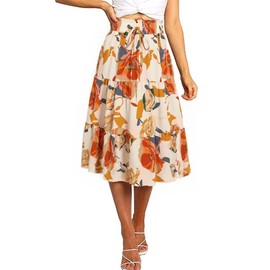 GUCURIN Skirt Women's Summer Midi Long Skirts High Waist Elastic Elegant Casual A-Line Long Skirt Beach Skirt, Beige with large floral, XL