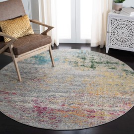 Safavieh Madison Collection MAD440F Modern Boho Abstract Area Rug, 5' x 5' Round, Grey / Gold