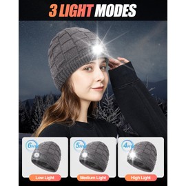 Unisex Plush Beanie with Light, Fleece Lined USB Rechargeable LED Headlamp Hat, Christmas Stocking Stuffers Gifts Warm Knitted Cap for Men Women Dad Mom, Hatlight for Fishing Hiking Hunting Gray