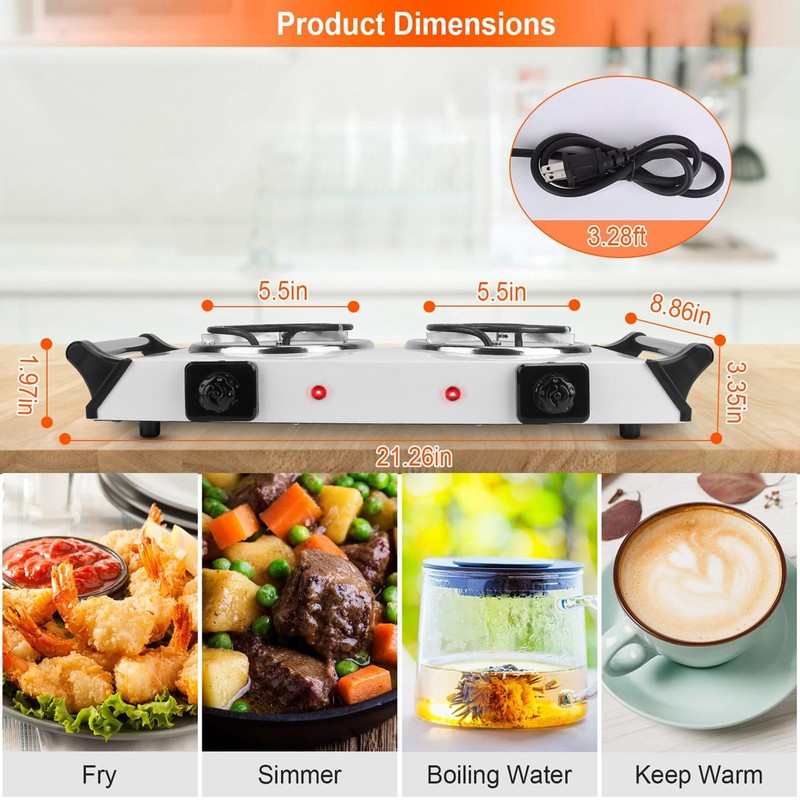 KOCASO 2000W Portable Electric Stove for Cooking，Electric Dual Burner Coil