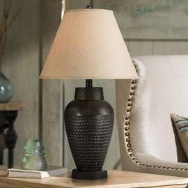 Auburn Modern Table Lamp Rustic Hammered Bronze Metal Vase Natural Linen Empire Shade for Living Room Family Bedroom Bedside - Regency Hill