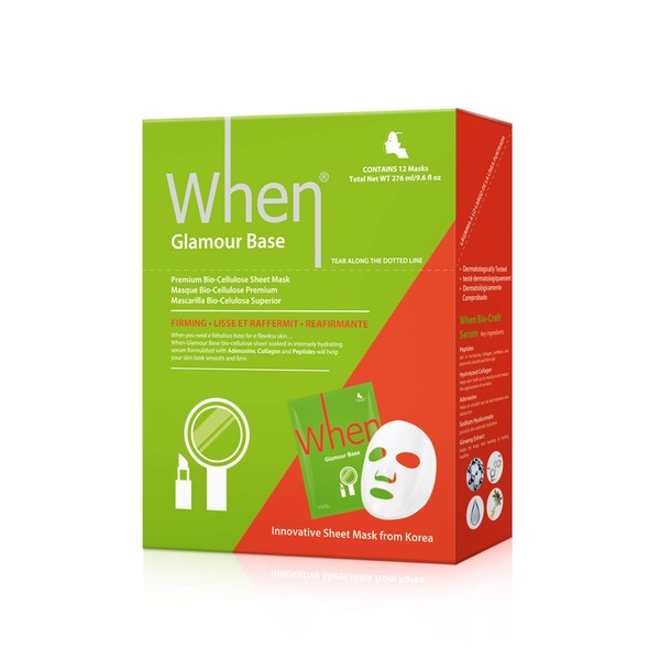 Firming Bio-Cellulose Facial Sheet Mask - When Glamour Base Face Premium Korean Skincare Collagen Promote Smoothing Elasticity Improving Fine Lines Wrinkles Reduce (12 pcs set)