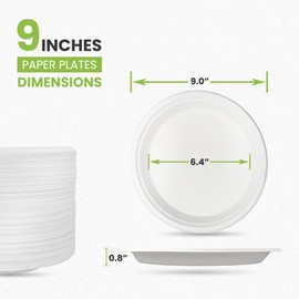 PRIME FEEL 9 Inch Disposable Paper Plates (50 Pack) 100% Compostable Sugarcane Heavy-Duty Eco Friendly Plates for Party Events, BBQs, Camping, and Picnics