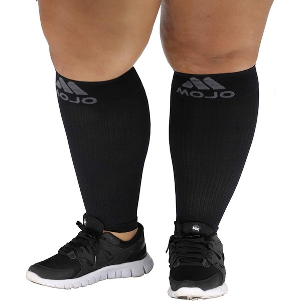 3XL Mojo Compression Plus Size Wide Calf Compression Sleeves Unisex - Footless, XXX-L, Black - 20-30mHg 1 Pair