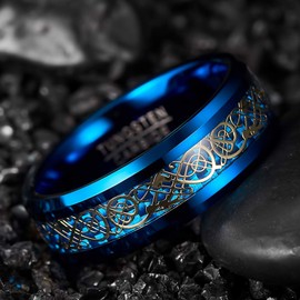 VAKKI Gold Celtic Dragon Tungsten Band with Blue Carbon Fiber 8mm Blue Wedding Engagement Band Beveled Edge Size L 1/2
