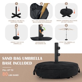 Sundale Outdoor Solar 104 LED 11 ft Patio Umbrella with Sand Bag Umbrella Base, Outdoor Umbrella with Tilt and Crank, Beige