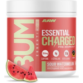 RAW Pre-Workout Powder, Essential CHARGED (Sour Watermelon) - Preworkout Supplement for Men & Women - Supports Focus, Mood & Performance - Caffeine, Alpha-GPC, L-Citrulline, Beta Alanine (25 Servings)