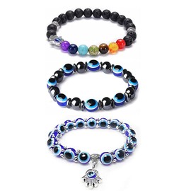 2Pcs Evil Eye Hamsa Hand Stretch Bracelet 7 Chakras Crystal Lava Stone Bracelet Yoga Beads Bracelets Essential Oil Diffuser for Women Men (A:3 pcs)