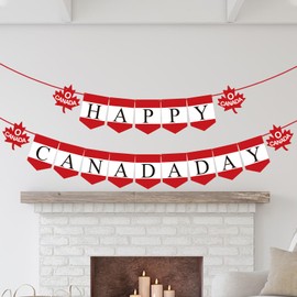 Happy Canada Day Banner Garland Decorations, Pre-Strung Red and White Paper Letter Hanging Banners with Maple Leaf Plaid Flags, 2 Strings, for July 1st Indoor Outdoor Wall Fireplace Porch Party Decor