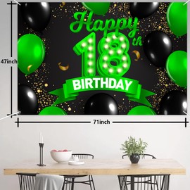 Happy 18th Birthday Green and Black Banner Backdrop Cheers to 18 Years Old Confetti Balloons Theme Decor Decorations for Girls 18 Years Old Birthday Party Bday Supplies Background Gift Glitter