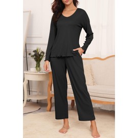 Ekouaer 2 Pack：Womens Ribbed Knit Pajama Set with Pockets Long Sleeve PJs V Neck Soft Loungewear Loose Matching Outfits Set Black and Army Green L
