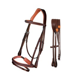 Exion Anatomic Shaped Soft Lined Mono Crown Piece Designer Fancy Stitched Perfect Square Raised Browband and Flash Noseband Jumping Bridle with Rubber Reins| Royal English Bridle|English Horse Tack