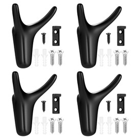 HAOCHEN Pack of 4 Coat Hooks, Coat Hooks, Wall Hooks, Double Hooks for Screws, Wall Metal Coat Hooks for Bedroom, Bathroom, Wardrobe, Living Room, Kitchen Hooks (Black)