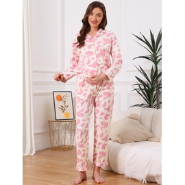 cheibear Womens Maternity Pajama Set Cotton Floral Leopard Long Sleeve Elastic Waist Adjustable Pants Nursing Breastfeeding Medium Pink