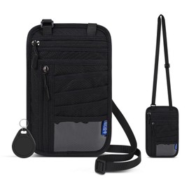 RFID Blocking Neck Wallet With NFC 215 Keyfob, Hidden Travel Passport Holder for Men & Women, Anti Theft Neck Wallet Organizer for Passport, Credit Cards, Cash & Phone, Travel Security Bag-Black