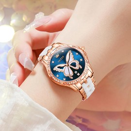 OLEVS Womens Wrist Watches Diamond Butterfly Flower Shape Rose Gold Quartz Watches Ceramic and Steel Strap Waterproof Luminous Two Tone Strap with Deep Blue Dial