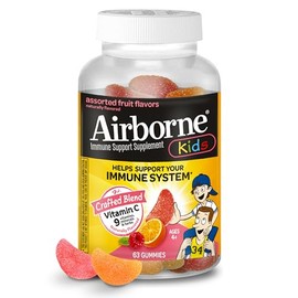 Airborne Kids 500mg Vitamin C Gummies, Kids Immune Support Zinc Gummies with Powerful Antioxidants VIT C & E - 63, Assorted Fruit Flavor