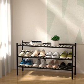ROMGUAR CRAFT 3-Tier Bamboo Long Shoe Rack, Free Standing Wood Shoe Shelf Storage Organizer for Closet Entryway Stackable 35"x11"x20" (Black)