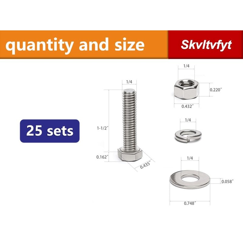 (25 Sets) 1/4-20 x 1-1/2" Hex Head Screw Bolt, Nuts,