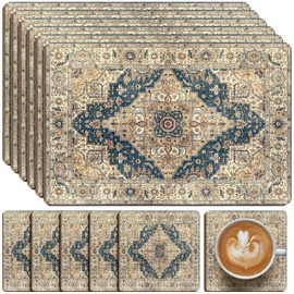 Bucherry 6 Sets Boho Cork Placemats 16 x 12 Inch Heat Cork Backed Placemat and 6 Coasters Retro Backing Autumn Table Mats Square Coasters for Rustic Kitchen Dinner Table Setting Supplies (Blue)