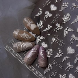 White Nail Art Stickers Decals 5D Embossed Nail Decals Bow Heart Flower Nail Stickers for Nail Art Self Adhesive Nail Design for Acrylic Nails White Nails Supplies for Women Girls