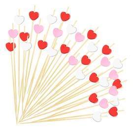 FUGUIR 100 Pcs Heart Cocktail Picks 4.7 Inch Long Red Pink White Heart Shaped Bamboo Toothpicks Fruit Sticks for Birthday Wedding Valentines Day Decoration Party Supplies