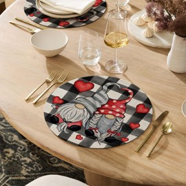 Artoid Mode Gnomes Vinyl Round Valentine's Day Placemats Set of 4, 15 Inch Wipeable Non-Slip PVC Place Mats for Party Kitchen Dining Decor