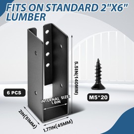 Blulu 6 Pcs Concealed Joist Hangers with Screws Powder Coated Steel Joist Bracket Fence Brackets for Wood Fit for Beam Swing Handrail Fence Trim Flanges Framing Railing (2 x 6 Inches)