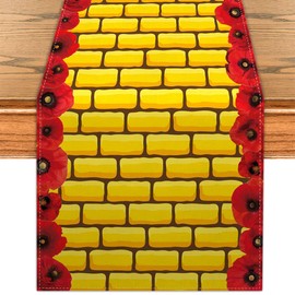 Yellow Brick Road Table Runner Brick Stone Wall Red Flower Kitchen Dining Table Centerpiece Halloween Princess Decor Summer Party Decorations for Home Party-72 Inches Long