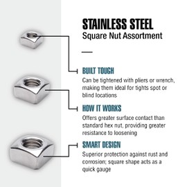 Workshop Hardware 107 Piece Fastener Assortment Kit, Square Nut Set, Gray, Stainless Steel