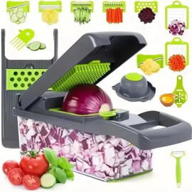 16-in-1 Multifunctional Vegetable Chopper - Premium Food Cutter, Slicer, Dicer, Grater, & Peeler with Container - Veggie Chopper & Potato Slicer (16 in 1 grey)