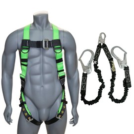 AFP Universal Full-Body Fall Protection Safety Harness w/ Dorsal D-Ring Tongue Buckle Legs Hi-Viz Green, Shock Absorbing Lanyard (OSHA/ANSI) (1 Pack, Harness + Double Leg Lanyard w/Snap & Rebar Hooks)
