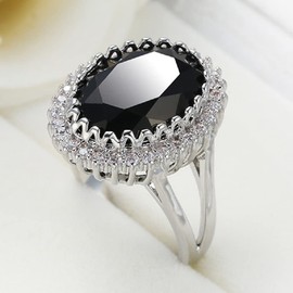 Sdouefos 925 Sterling Silver Women'S Fashion Shiny Diamond Ring 3d Cut Oval Black Diamond Zircon Ring Romantic Cocktail Gem Ring Wedding Engagement Jewelry (T1/2)