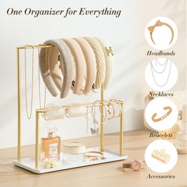 Josmimic - Organizador para diadema de metal de 2 niveles con bandeja: accesorios para el cabello, soporte de almacenamiento para bandas para el cabello, soporte para el hogar, dormitorio para niñas y