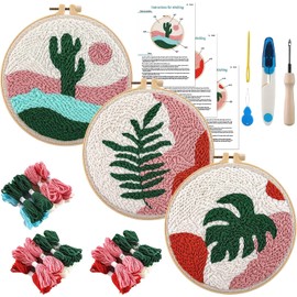 HAOCOO 3 Sets Punch Needle Kits, Punch Needle Kits for Adults Beginner, Punch Needle Tool with Punch Needle Fabric, Hoops, Yarns and Sewing Needles (Plants)