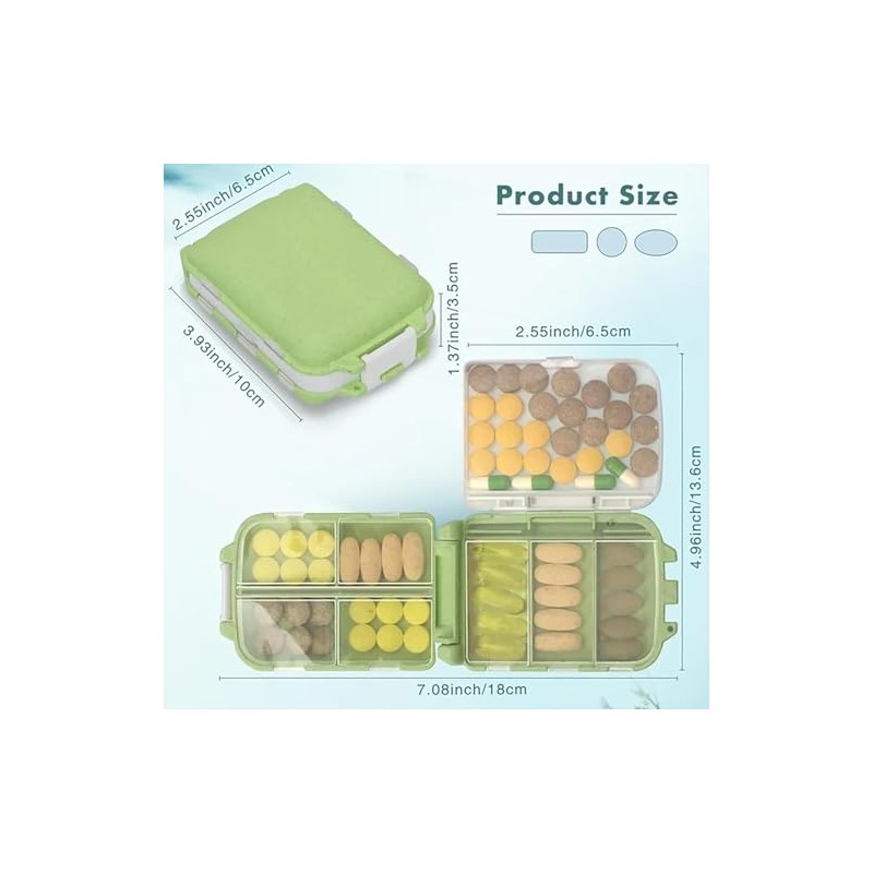 1Pc Green Travel Pill Case Pill Container, Three-Layer 8 Compartments