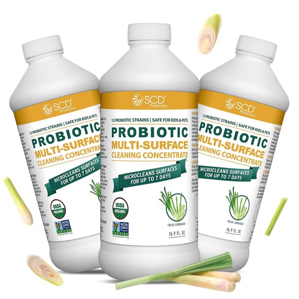 USDA Certified Organic Probiotic Cleaner, Microcleans Surfaces for Up to 7 Days, Ultra Concentated Multi Surface Cleaning Concentrate with Postbiotics, Lemongrass – 16.9 Fl Oz. (3 Pack)