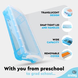 Enday Pencil Case Blue, Plastic Stackable Assorted Color Box, Large Capacity School & Office Supplies Pencil Utility Box Storage Organizer Also Available in Green, Grey, Pink, Red, Purple, 1 PK
