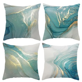 LUVDECO Set of 4 Cushion Covers 45 x 45 cm Marble Texture Texture Turquoise and Gold Decorative Throw Pillow Covers Abstract Fluid Art Home Decor Square Throw Pillow for Sofa Bed Home Patio