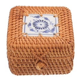 Kichvoe Rattan Storage Box Sundries Organizer Trinket Chest Desktop Storage Basket Keepsake Case Square Rattan Boxes Wicker Shelf Baskets Bin Small Basket with Lid