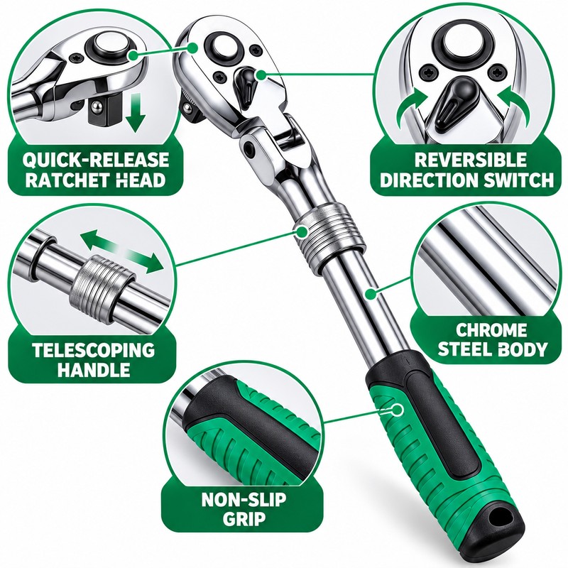 Drive Ratchet Wrench for Garage Repairs - 72-Tooth Flex Head