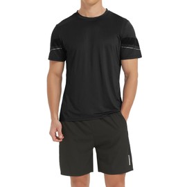 Sillictor Men's Jersey Top and Bottom Set, Sports T-shirt, Half Pants, Training Wear, Top and Bottom Set, Active Setup, Breathable, Quick Drying, UV Protection, Black, M