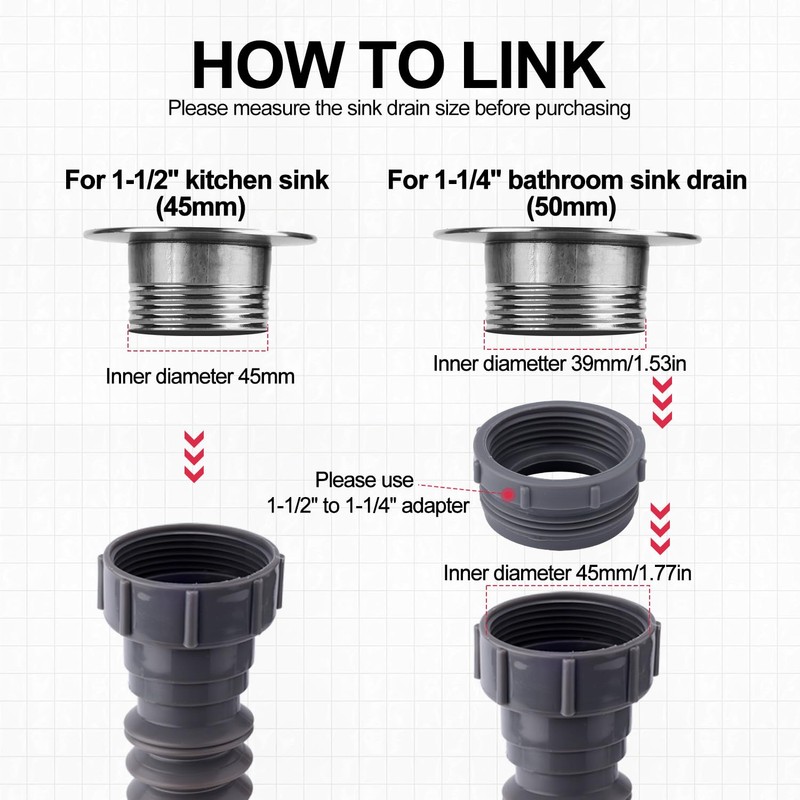 Sink Drain Kit, 1-1/2 Inch Expandable Flexible P-Trap 7.5 Inch