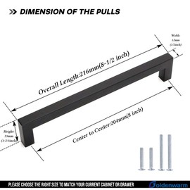goldenwarm Black Kitchen Cabinet Handles 8inch Hole Centers - LSJ12BK204 Square Bar Pulls for Cabinets Hardware Black Drawer Pulls Matte Black Cabinet Pulls 5Pack