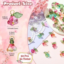 Stiesy 50Pcs 5 Colors Trumpet Flower Glass Charms Pendants Floral with Leaf Glass Charm Colorful Flower Dangle Charms for DIY Jewellery Making Crafting