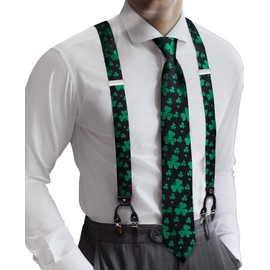 Barry.Wang Mens Adjustable St. Patrick's Day Green Clover Suspenders Tie Clip Set with Elastic Straps Y