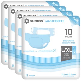 SUNKISS Masterpiece Adult Diapers with Tabs, Unisex Disposable Incontinence Briefs for Women and Men, Odor Control, Blue, L/XL, 40 Count