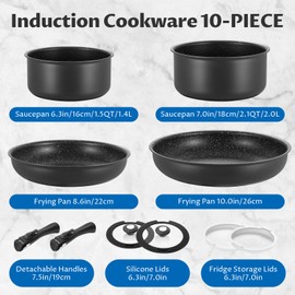 BEZIA Induction Cookware Set 10 Pieces, Nonstick Pots and Pans Set with Removable Handles, for All Hobs, Stackable Design, Dishwasher/Oven Safe, PFAS Free