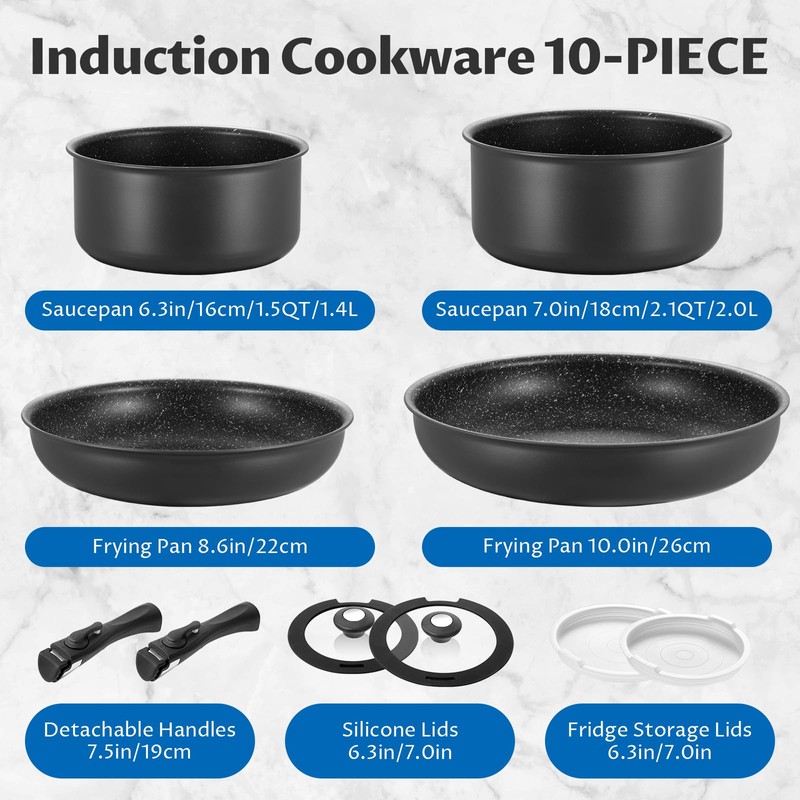 BEZIA Induction Cookware Set 10 Pieces, Nonstick Pots and Pans