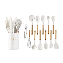 Jiufei Home 13-Piece silicone utensil set wood handle nonstick cookware safe dishwasher safe kitchen tools BPA free heat resistant (450°F/230°C) ceramic pan safe cooking gifts housewarming (White)